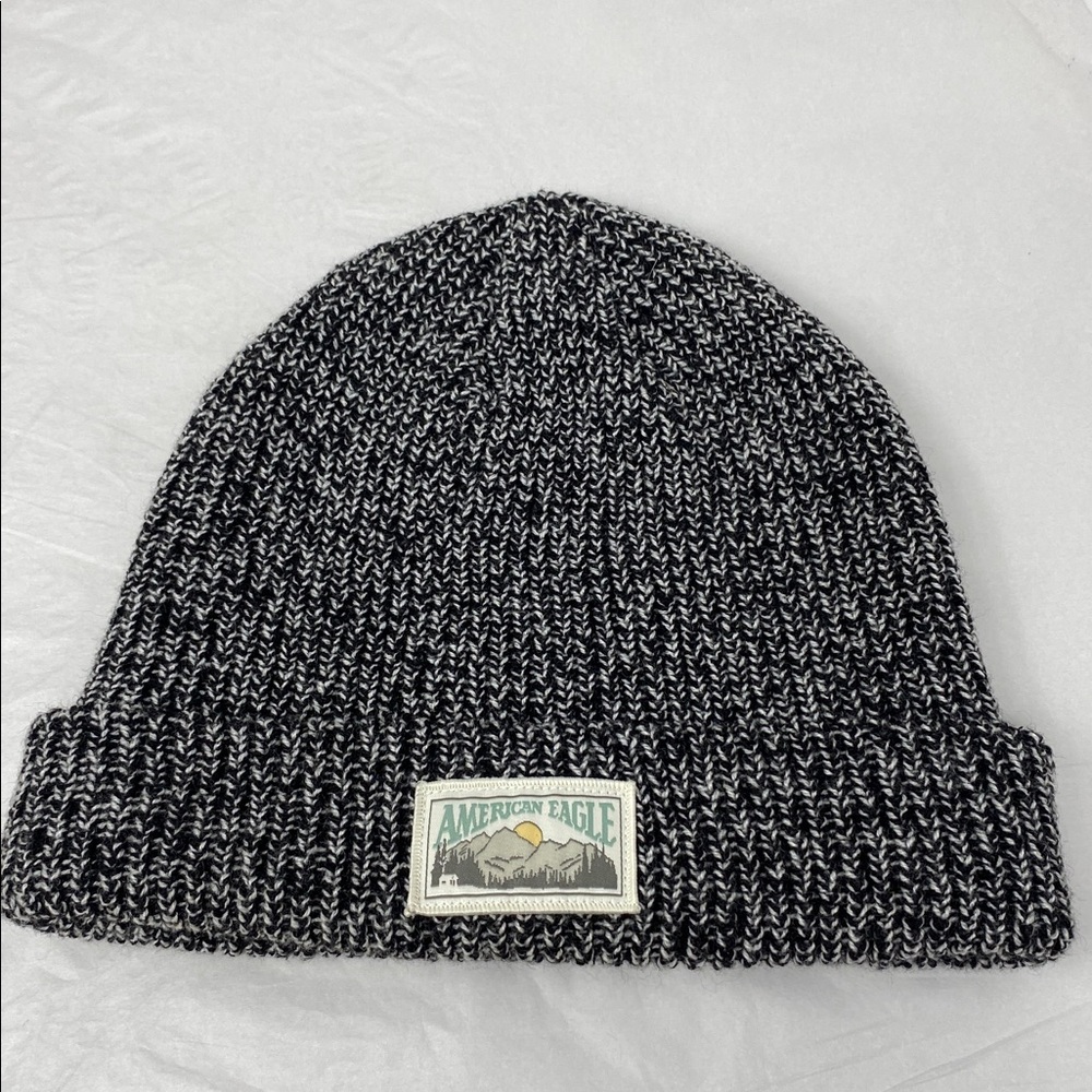 American Eagle Black White Marled Knit Beanie Hat Unisex Soft Winter Cap